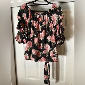 CeCe~Black/Pink RoseFloral~Off Shoulder~Tiered Sleeve~Hemline Tie~Blouse~Size L